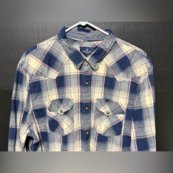 🪅American Eagle Blue Red Western Plaid Snap Down Long Sleeve Shirt - Picture 4 of 12